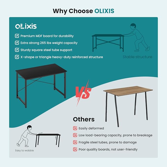 OLIXIS 47 Inch Home Office Desk, Study Desk, Work Table | Small Computer Writing, X-Shaped Reinforcement Structure, Modern Simple Style, Bedroom Dorm Room, Black - Image 6
