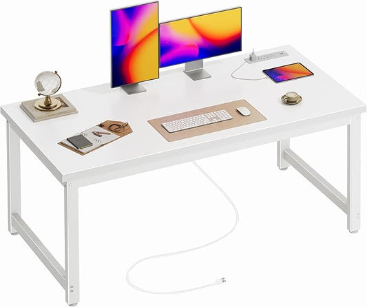 Huuger 55 x 24 inch Desk with Power Outlets & USB-C, Deeper & Thicker Desktop, Robust Metal Tubes, Computer Desk, Heavy Duty Office Desk, Work Gaming Desk for Home Office, White by Huuger