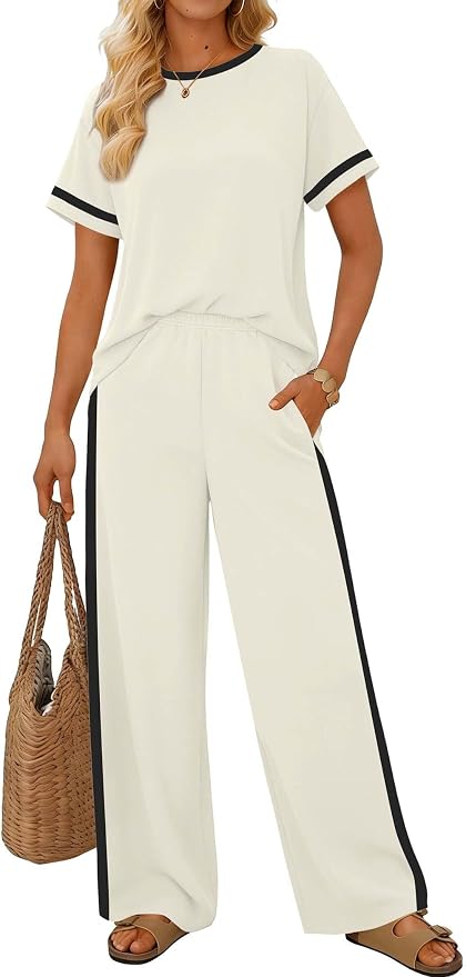 Sampeel 2 Piece Sets for Women Matching Sets Summer Outfits Resort Wear Short Sleeve Lounge Set Wide Leg Pants with Pockets - Image 2