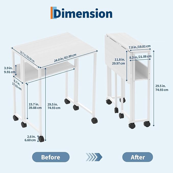 Folding Desk Small Rolling Desk with Storage Shelf,24.8 Inch Foldable Computer Table with Wheels,Portable Office Desk for Small Space Sofa Table,Easy to Fold,Writing Work Office Computer Desk,White - Image 2