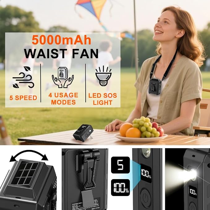CAZOKASI Personal Waist Clip Fan Rechargeable Wearable Hand Free Wearable Cooler Fan for Traveling Working Outdoor Office (5000mAh / Black) - Image 6
