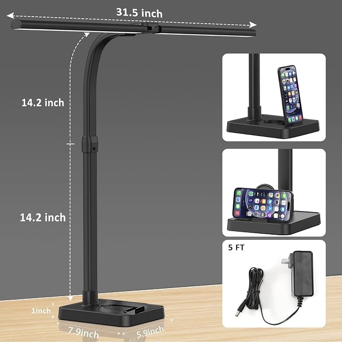 GAEFURY LED Desk Lamp for Home Office, 24W Bright Desk Lamp with Phone Holder Base - 25 Lighting Modes Eye-Caring Desk Light Adjustable Gooseneck Lamp for Workbench Drafting Reading Study - Image 6