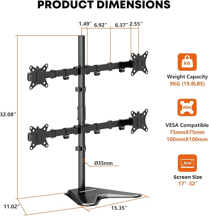 PUTORSEN Quad Monitor Stand for 4 Screens, 17-32", 19.8 lbs Each | Stacked 4-Screen Desk Mount with Full-Motion Arms, VESA 75/100, Tilt, Swivel & Rotation, Larger Base with Phone Slot, Black - Image 7