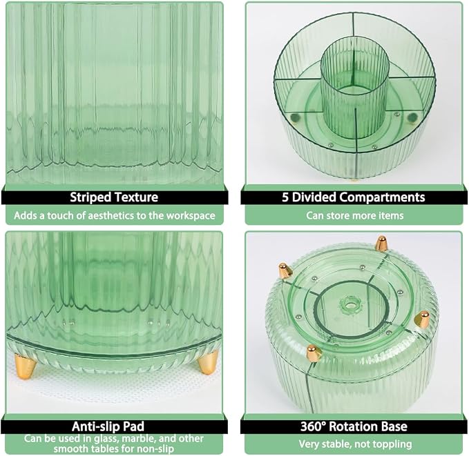 SKYDUE Rotating Pencil Pen Holder, Pen Organizer with 5 Slots - Aesthetic Desk Organizer and Accessories for School, Home, Office Supplies, Clear Green - Image 6