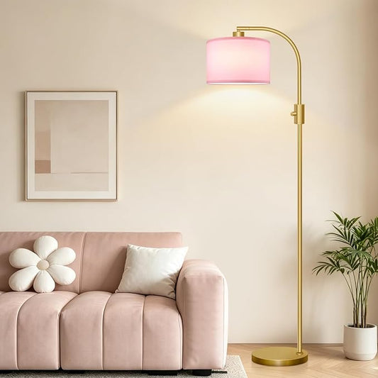 Nintiue Dimmable Floor Lamp, 1200 Lumens LED Edison Bulb Included, Arc Gold Floor Lamps for Living Room Modern Standing Lamp with Pink Linen Shade by Nintiue