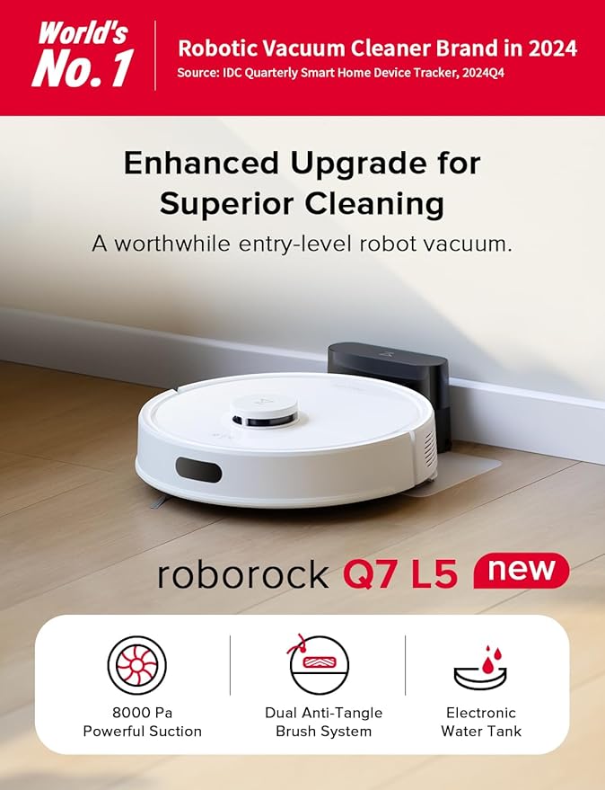 roborock Q7 L5 Robot Vacuum and Mop Combo, 8,000Pa Suction | Upgraded from Q5 Pro, Dual Anti-Tangle System, LiDAR Navigation, No-Go Zones, Self-Charging Robotic Vacuum, White - Image 2