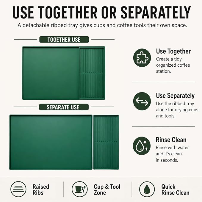 Silicone Coffee Mat 24 x 16 in with Tray, Deep Forest Green | Coffee bar mat for countertop use, coffee station mat or coffee machine mat with removable tray and 0.47 in raised rim. - Image 7
