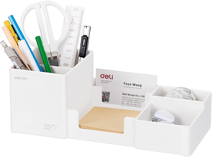 deli Desk Organizer, Plastic Desktop Organizer with Pencil Holder and Sticky Note Tray, Office Stationery Supplies Organizers Accessories Caddy, 6 Compartments, White by delioffice