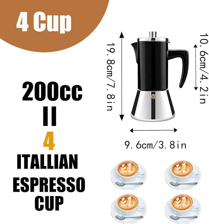 4 Cup Thickened 304 Stainless Steel Moka Pot Stovetop Espresso Maker Cafeteras Italian Percolator Espress Makers Capable Greca Mocha Coffee Machine for Induction Home and Camping 200ml 6.6oz - Image 2