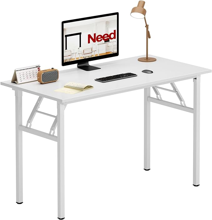 Need Office Computer Desk 39.3 Inch Sturdy Folding Laptop Table White | White Frame Writing Gaming Work Table/Foldable Home Office Desk/Sewing Table, No Assembly Required by Need