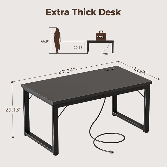 Mericonia 48 Inch Computer Desk with Power Outlets, 1.2" Thick Office Table | Modern Simple Style, Heavy Duty Industrial Frame, Small Study & Writing Table for Home Bedroom Work, Black - Image 2