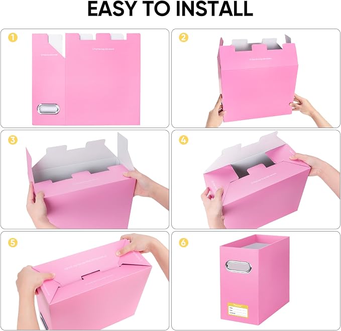 BALEINE File Organizer Box, Cardboard File Folder Organizer with Handle for Letter Size, Portable Collapsible Hanging Filing Box for Home Office Document Storage (8 Pack, Pink) - Image 6