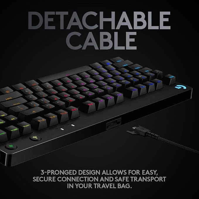 Logitech G PRO Mechanical TKL Tenkeyless Gaming Keyboard (Clicky) - Black | Ultra portable, detachable Micro USB cable, 16.8 million color Lightsync backlit keys - Image 6