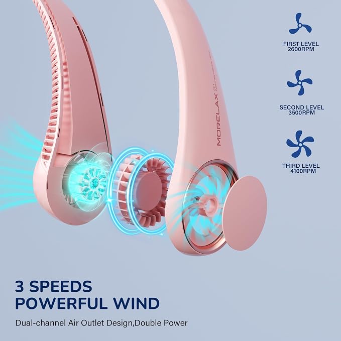 Morelax Neck Fan, USB Rechargeable Personal Fan, 3 Speeds Adjustable, Large air outlet Powerful Strong Wind, Adjustable, 360° Cooling, Super Quiet, No Blade Design, No Hair Twisting, Small (Pink) - Image 3