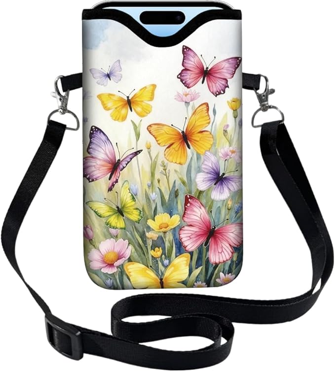 Phone Crossbody Sleeve Butterfly Phone Pouch Wildflowers Neoprene Nylon Waterproof Phone Bag Case with Strap Neck Lanyard Protective Carrying Cover Fits Most Smartphones 7.1 x 3.9 Inch by PRESSINART