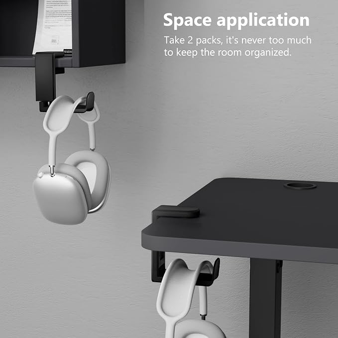 Rotating Headphone Stand - EURPMASK PC Gaming Headset Stand, Adjustable Clamp-on Headphone Holder, Headphone Hanger Hook Under Desk with 360 Degree Swivel&Cable Clip Organizer - Black, 2 Pack - Image 3