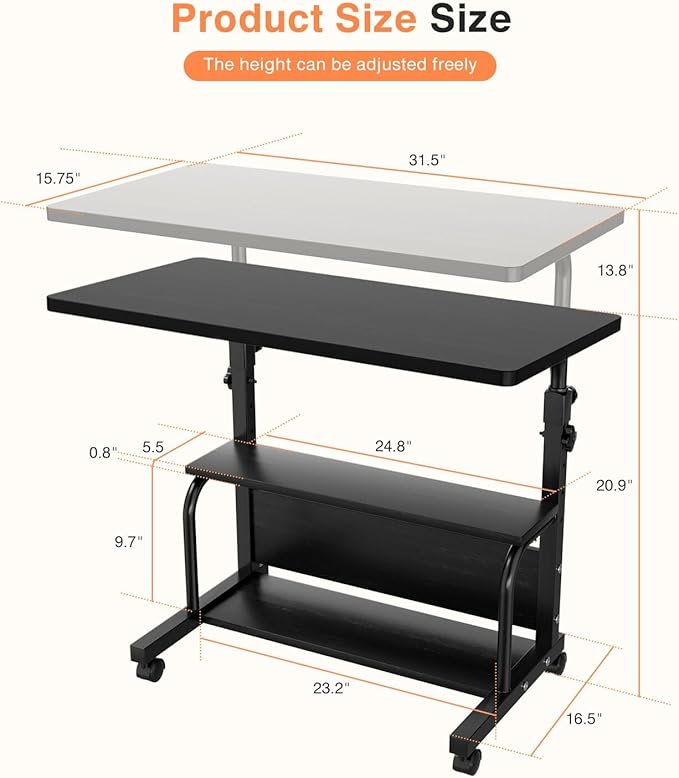 QZMDSM Portable Rolling Desk on Wheels Adjustable Height Desks for Small Spaces, 32" Computer Desk Drafting Tables with Storage Shelves for Home Office Black - Image 3