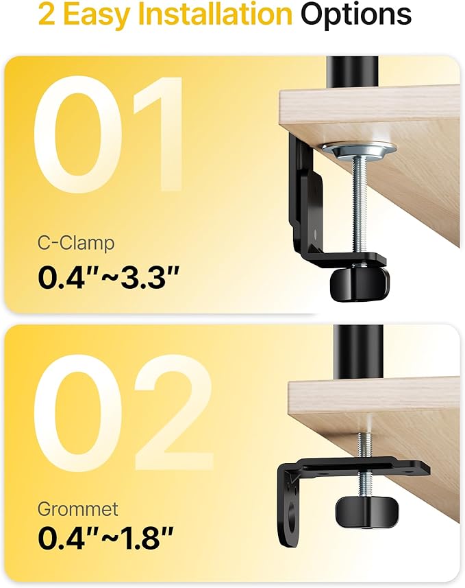 monTEK Quad Monitor Stand for Four 17-32" Screens, 22 lbs Each | Four-screen desk mount, height adjustment, tilt, swivel, rotation, clamp/grommet bases and VESA 75/100 - Image 5