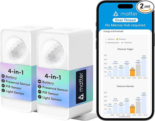 meross Matter Presence Sensor MS605, Battery-Powered 4-in-1 Smart Motion Sensor with AI Learning, IP67 PIR & Light & mmWave Radar, Matter Over Thread, Supports Home Assistant, HomeKit, Alexa (2 Pack) by meross