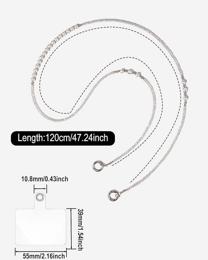 Phone Chain Crossbody Pearl Strap,Pearl Beaded Chain Shoulder Crossbody Lanyard with Phone Tether Patches Compatible with Most Phones Bag Purse - Image 3