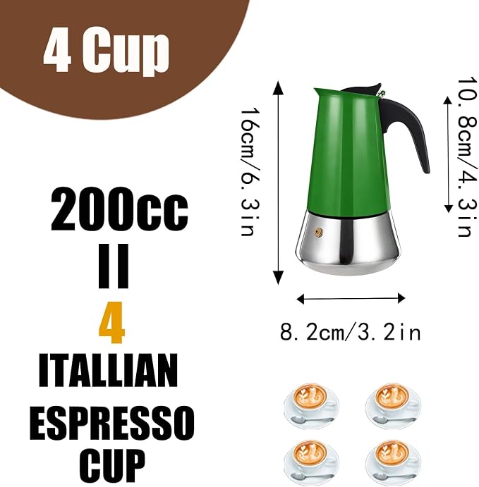 4 Cup Stovetop Espresso Maker Stainless Steel Moka Pot Stove Top Percolator Italian Coffee Makers Capable Mocha Greca Machine Cafe Classic Induction Cookers for Home and Camping 200ml 6.6oz - Image 3