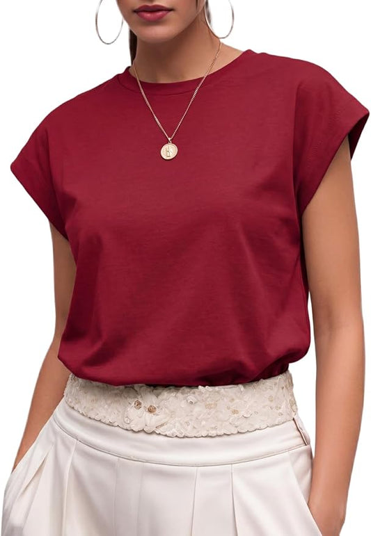 GRECERELLE Womens Summer Tops Cap Sleeve Crew Neck Basic T-Shirt | Everyday Casual Wear, Layering Friendly, Wrinkle-Resistant, Business Casual Ready, Lightweight & Packable, Capsule Wardrobe by GRECERELLE