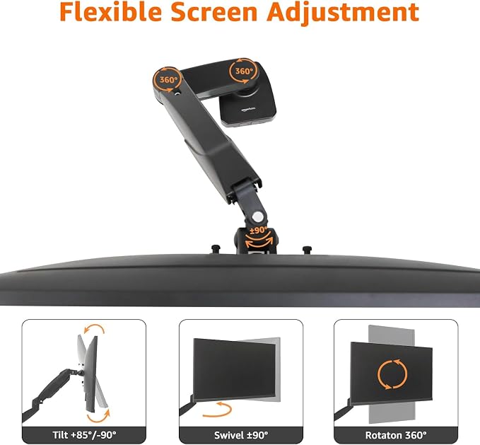 Amazon Basics Gas Spring Single Monitor Arm Desk Mount, Adjustable Tension, Fits 15–27 Inch Monitors, Supports 4.4–15.4 lbs, VESA 75x75/100x100, Black - Image 4