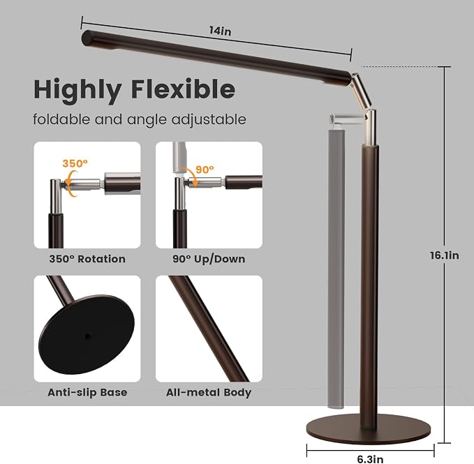 SIBRILLE Brown LED Desk Lamp, 16" Dimmable Metal Desk Light with Base, 15W 1200LM, Adapter Included, Color & Brightness Adjustable, Modern Tall Table Lamp for Home Office Reading Study Task Laptop - Image 3