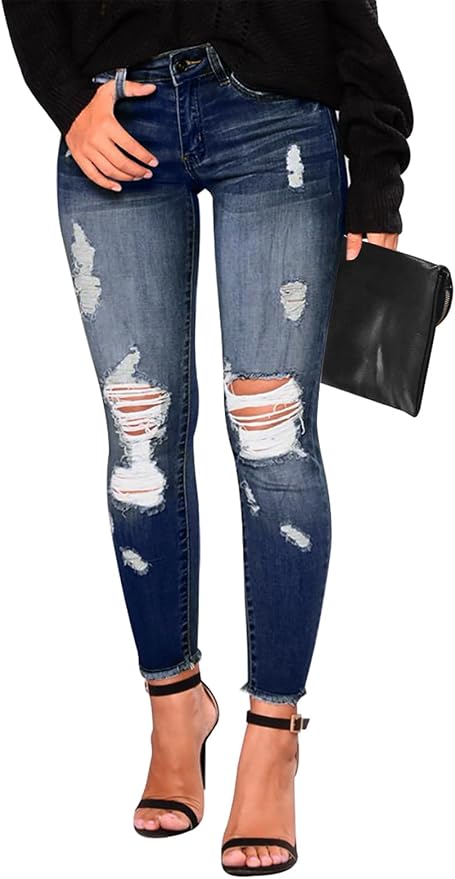 KUNMI Women's Skinny Ripped Trendy Jeans Distressed Stretchy Denim Pants by KUNMI