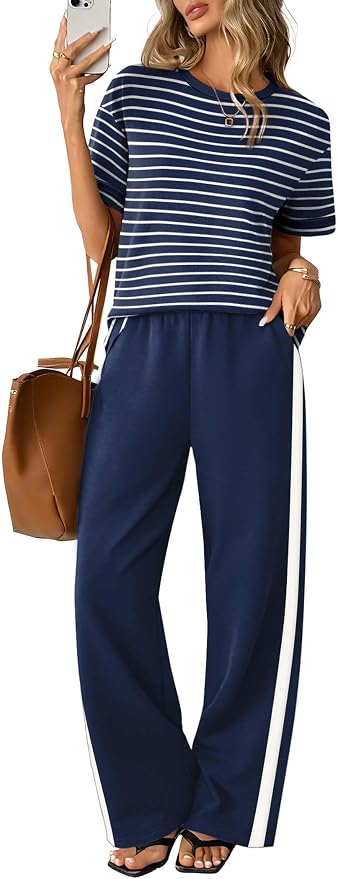 Sampeel 2 Piece Sets for Women Matching Sets Summer Outfits Resort Wear Short Sleeve Lounge Set Wide Leg Pants with Pockets by SAMPEEL