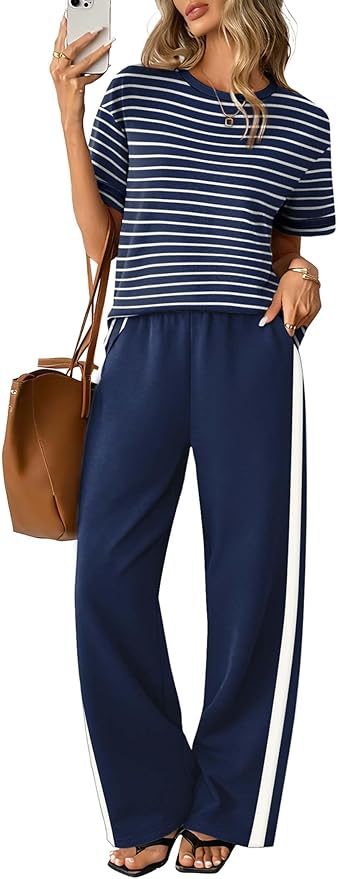 Sampeel 2 Piece Sets for Women Matching Sets Summer Outfits Resort Wear Short Sleeve Lounge Set Wide Leg Pants with Pockets by SAMPEEL