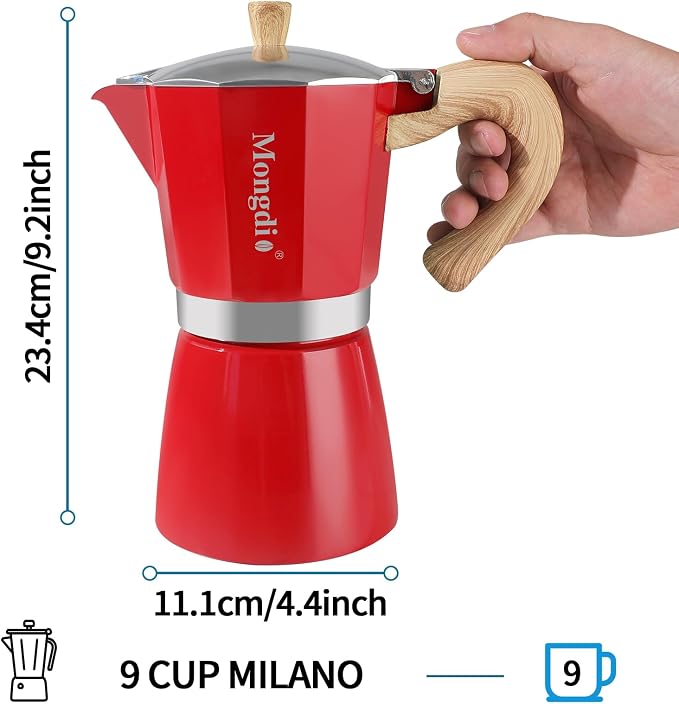 Mongdio Stovetop Espresso Maker Moka Pot, Cuban Coffee Maker Stove top coffee maker Moka Italian Espresso Greca Coffee Maker Brewer Percolator, 9 Espresso Cups, 15 oz - Red - Image 5
