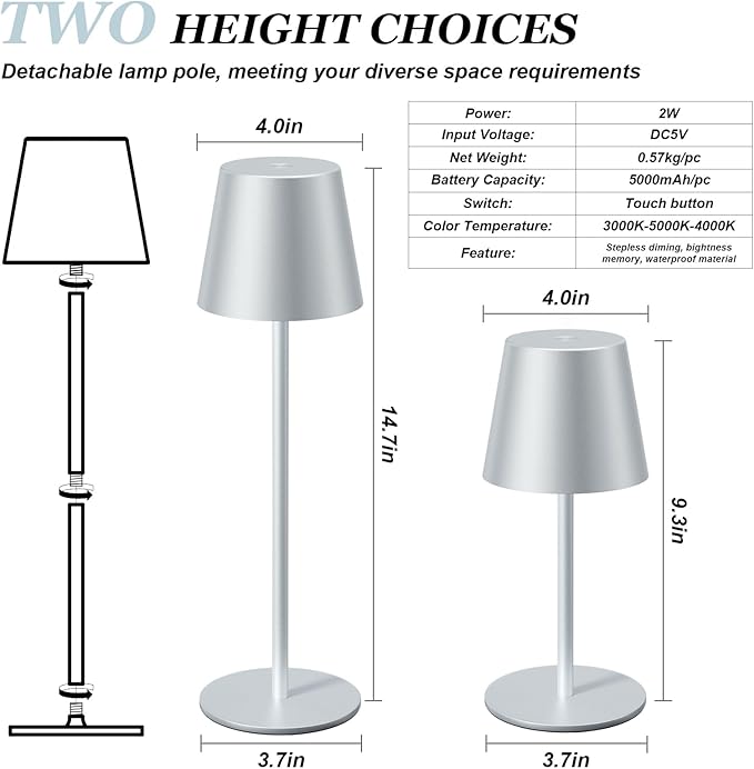 Kakanuo Silver Grey Cordless Lamp Rechargeable - 2 Pack 5000mAH Battery Operated Table Lamp for Counter, 3 Color Stepless Dimming Wireless Lamp for Dining Kitchen, Outdoor Patio, Touch Control - Image 5
