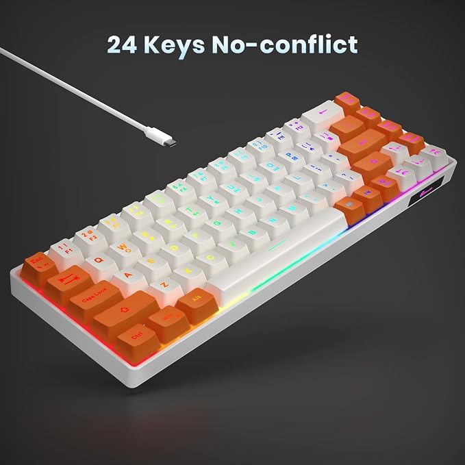 GEODMAER 65% Gaming Keyboard, LED Backlit Mini Wired Keyboard, Ultra-Compact Anti-Ghosting No-Conflict 68 Keys Membrane Gaming Wired Keyboard for PC Laptop Windows Gamer(White-Orange) - Image 5