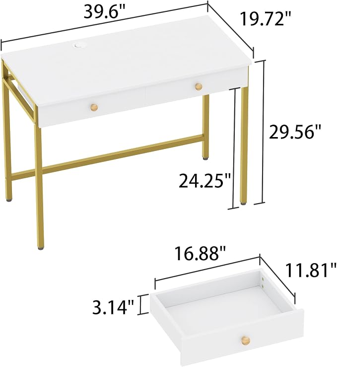 Weehom Computer Desk with Drawers, Home Office Workstation, White Gold | Sturdy and spacious workstation for writing, studying and gaming, Suitable for PC and laptop use - Image 3