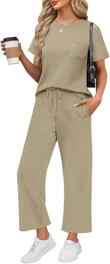 WIHOLL 2 Piece Sets for Women Casual Summer Travel Vacation Outfits Short Sleeve Wide Leg Crop Pants Lounge Sets by WIHOLL