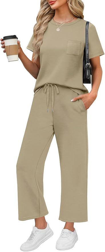 WIHOLL 2 Piece Sets for Women Casual Summer Travel Vacation Outfits Short Sleeve Wide Leg Crop Pants Lounge Sets by WIHOLL