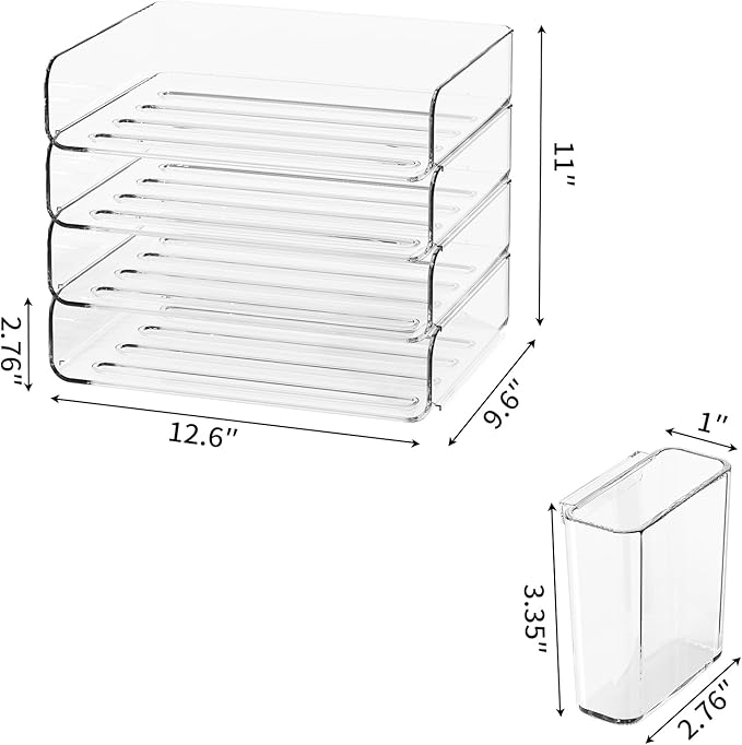 FANXIYQ 4-Tier Horizontal Acrylic Paper Tray Organizer with Pen Holder | Clear Stackable Desk Organizer for Documents, Letters, A4 Paper | Modern Office/Classroom/Home Organization - Image 5