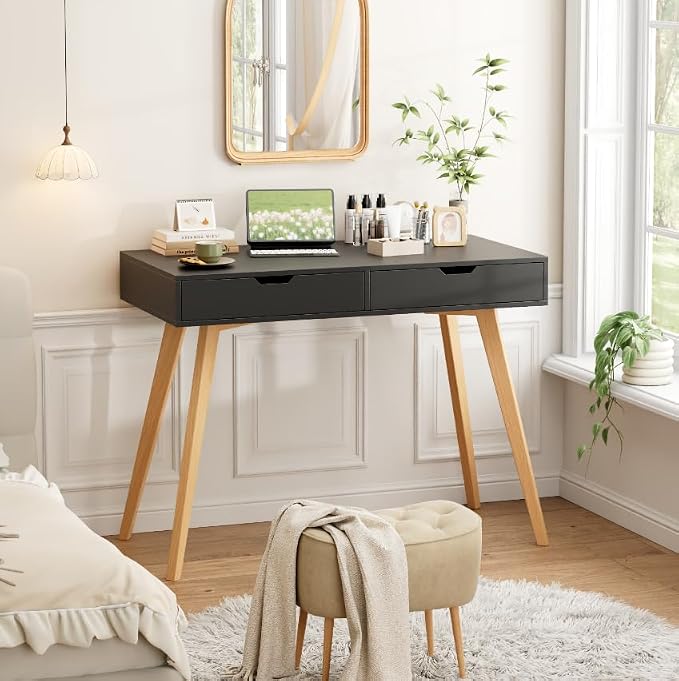 FOTOSOK White Computer Writing Desk with 2 Drawers, Small Desk Makeup Vanity Table Wood Desk with 4 Oak Legs, Modern Home Office Desk Console Study Table, Black - Image 3