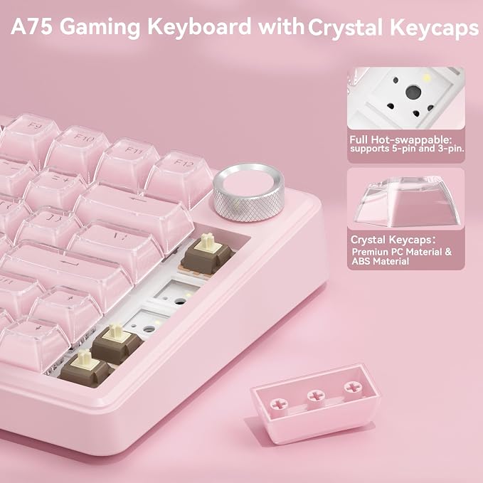 SOLAKAKA A75 Wireless Gaming Keyboard with Multifunction Knob, BT5.0/2.4GHz/USB-C, 75% Mechanical Keyboard, Hot-Swappable, Gasket Creamy Keyboard with RGB Backlit, Crystal Keycaps, for PC/Mac/PC - Image 4