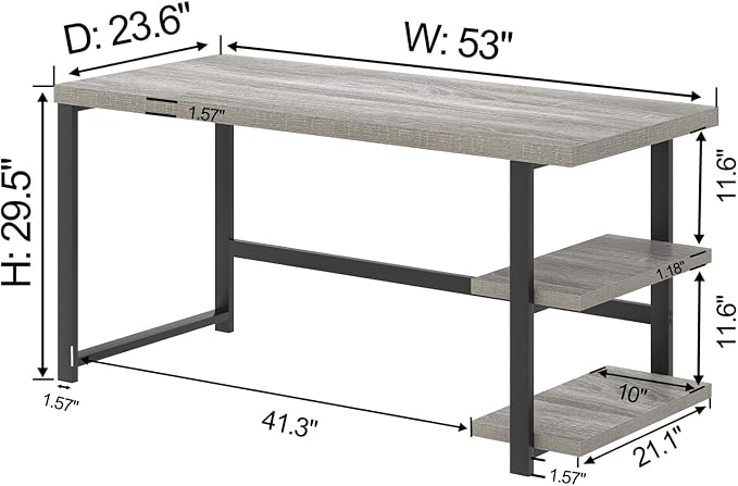 FOLUBAN Computer Desk, Modern Home Office Desk with Shelves, Wood Writing Study Gaming Table for Living Room Bedroom, Light Grey, 53 inch - Image 2