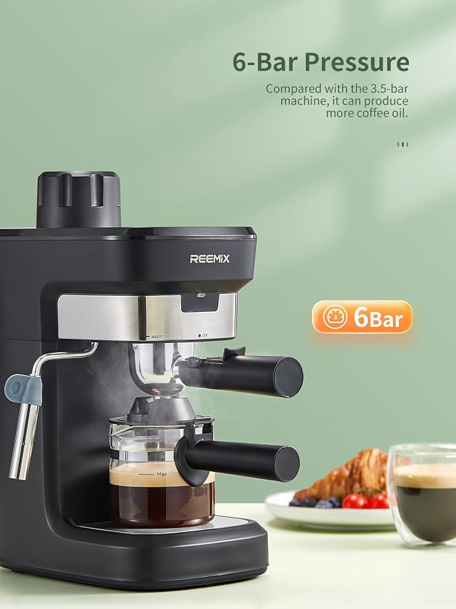 Reemix Espresso Machine 6 Bar, Rich Crema Coffee Maker | Auto Pressure Relief, Compact Home Coffee Brewer​​ Machine, Black - Image 2