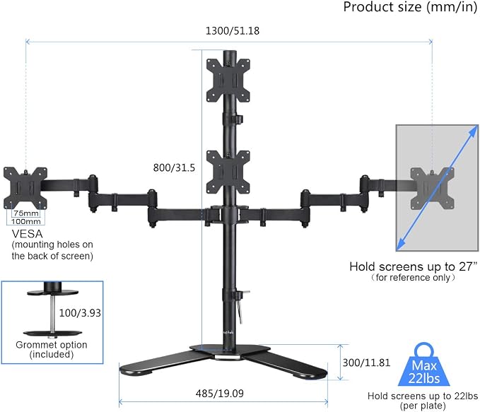 Suptek Quad LED LCD Monitor Stand up Free-Standing Desk Stand Extra Tall 31.5" Pole Heavy Duty Fully Adjustable Mount for 4 (3+1) / Four Screens up to 27 inch (ML6864) - Image 2