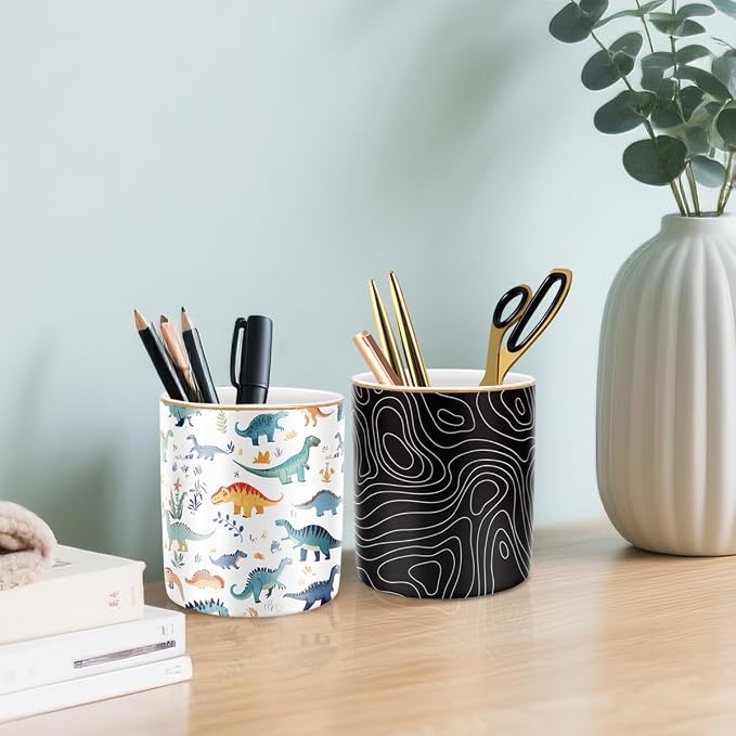 Pen Holder, Pencil Cup for Desk, Cute Makeup Brush Holder, Durable Ceramic Organizer Decor for Room, Office, Classroom, Cute Dinosaur Pattern - Image 7
