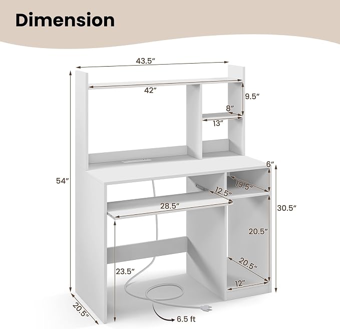 Giantex Computer Desk with Hutch, 43.5 Inch Home Office Desk with Keyboard Tray & Charging Station, Laptop PC Table for Workstation, Modern Study Writing Desk for Small Space, Bedroom, White - Image 3