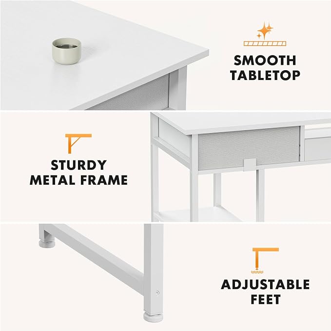 47 Inch Computer Desk with 2 Drawers, Home Office Desk with Wooden Shelves, Study Writing PC Table for Small Spaces, Bedroom, Dorm or Living Room, White - Image 5