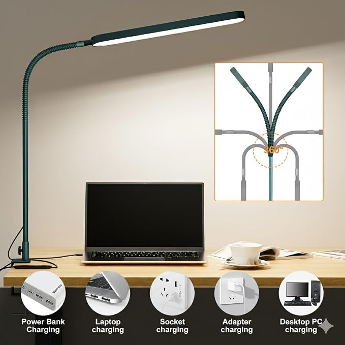 SKYLEO LED Desk Lamp - Desk Light for Home Office - Flexible Gooseneck - 5 Color Modes X 11 Brightness Levels - 1300LM - Timmer & Memory Function - 12W Clip on Light - Green - Image 4