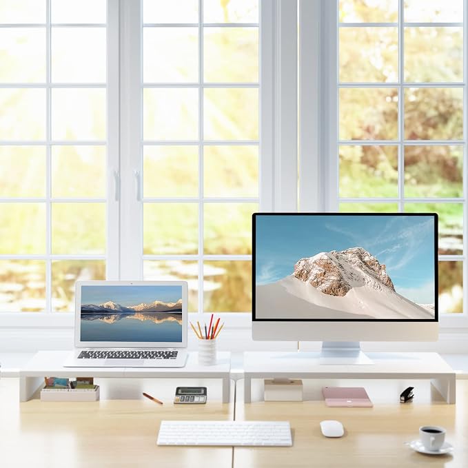 TEAMIX 2 Pack White Monitor Stand Riser - 20 inch, Wooden Desktop Stand for PC/TV/Laptop/Printer, Monitor Riser with Storage, Computer Stand with Keyboard Organizer - Image 8