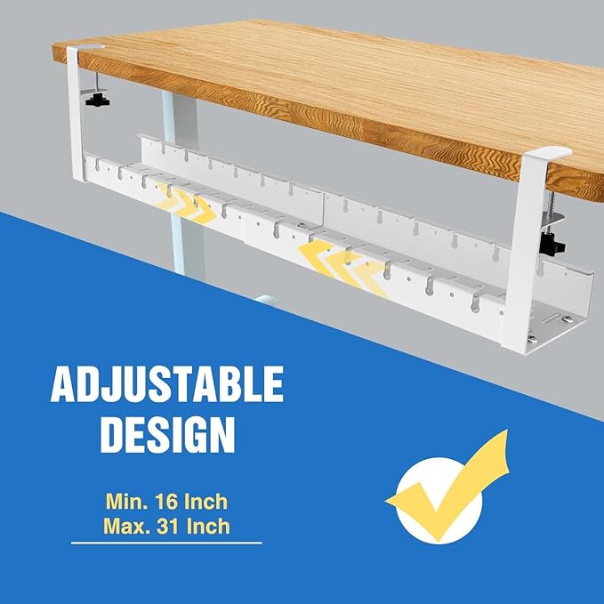No Drilling Under Desk Cable Management, Metal Cable Management Tray Under Desk with Clamp, Retractable Power Strip Cord Holder for Wire Management 31Inch (2 Pack White) - Image 5