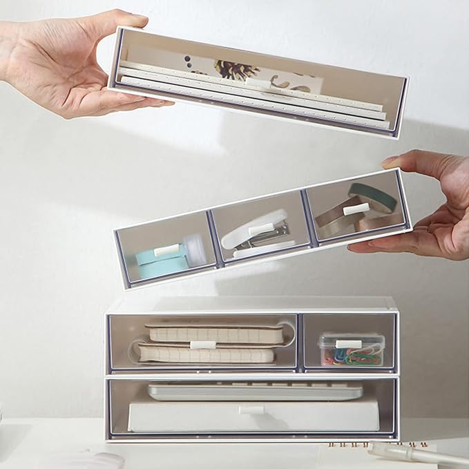Desk Organizer with Drawers Stackable Storage Drawers, Plastic Compact Desk Storage Box Great for Office School Home Small Space- 1drawers (White) - Image 2